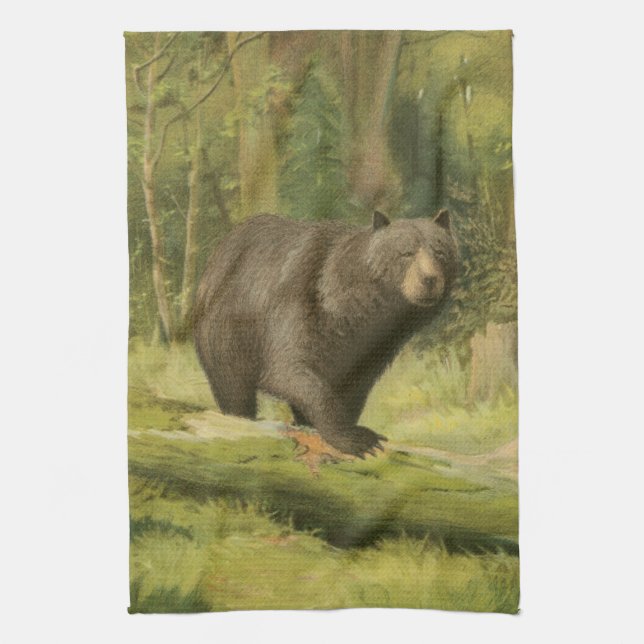 Black Bear Stepping on a Tree Trunk Tea Towel (Vertical)