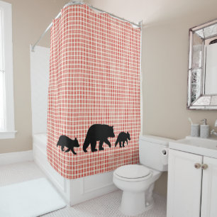Black Bear with Cubs Country Cabin Plaid Shower Curtain