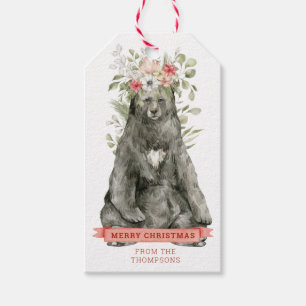 Black Bear with Flowers Merry Christmas Gift Tags