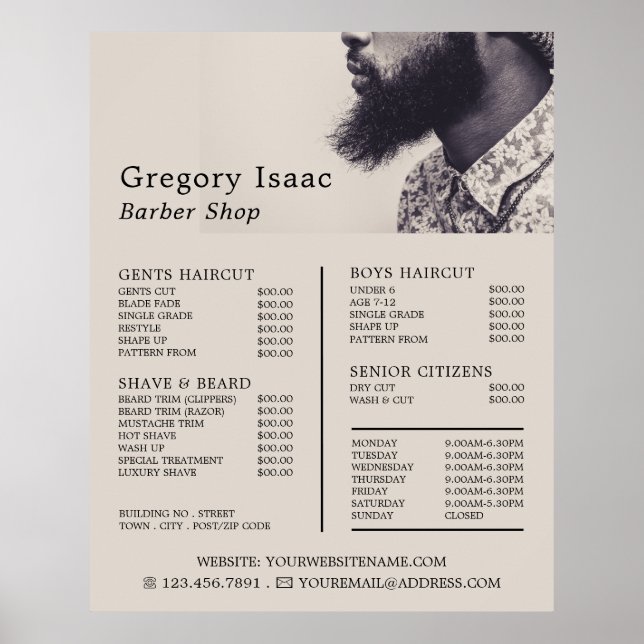 Black Beard Model, Men's Barbers Price List Poster (Front)