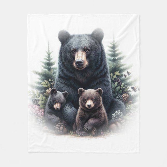 Black Bears Amid Forest Setting Fleece Blanket (Front)