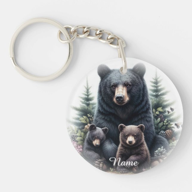 Black Bears Amid Forest Setting Key Ring (Front)