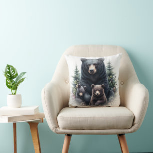 Black Bears in Forest Rustic Wildlife Cushion