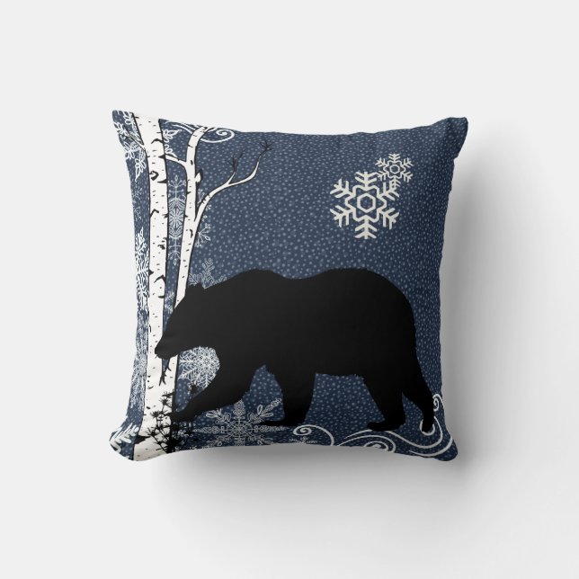 Black Bears in Winter Birch Forest Throw Pillow (Front)