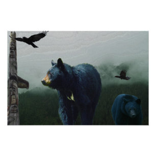 Black Bears, Ravens and Totems Wildlife Art Poster