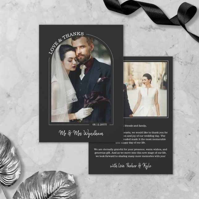 Black Beautiful Arch Wedding Photo Love & Thanks Thank You Card (Creator Uploaded)