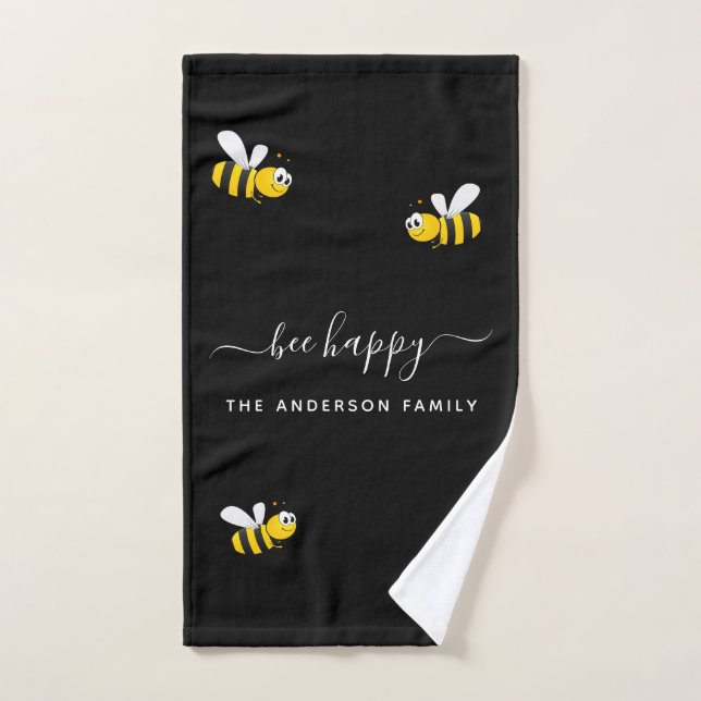 Black bee happy bumble bees summer fun family name bath towel set (Hand Towel)