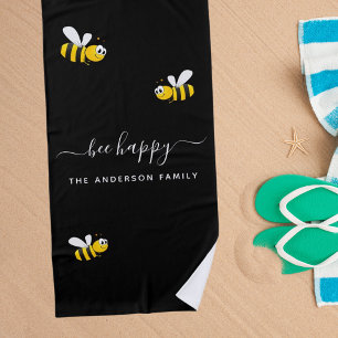 Black bee happy bumble bees summer fun family name beach towel
