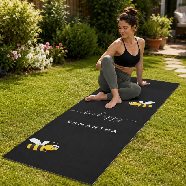 Black bee happy bumble bees summer fun humour name yoga mat (Creator Uploaded)