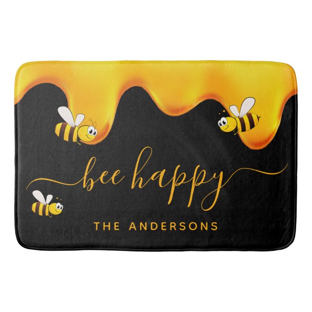 Black bee happy bumble bees sweet honey monogram bath mat (Front)