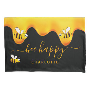 Black bee happy bumble bees sweet honey monogram pillowcase