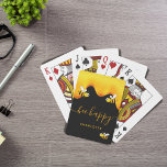 Black bee happy bumble bees sweet honey monogram playing cards<br><div class="desc">A chic black background decorated with golden dripping honey. The text: Bee Happy with a golden hand lettered style script with swashes.  Personalise and add your name,  family name.</div>