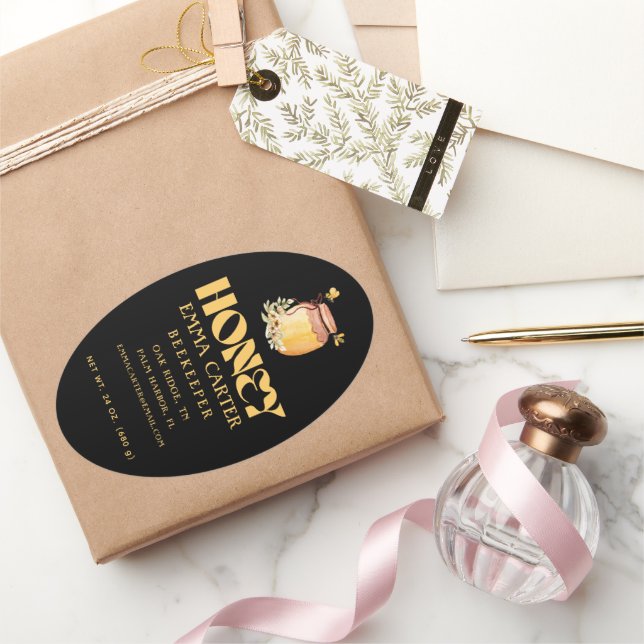 Black Bee Honey Label Metallic Gold Text  (Gifting)