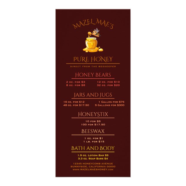 Black Bee Honey Label Metallic Gold Text  Rack Card (Front)