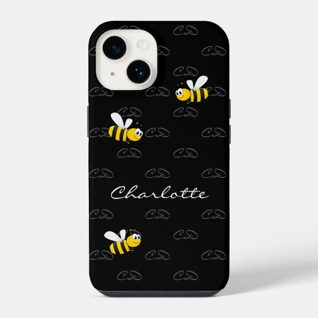Black bees fun humour monogram pattern iPhone case (Back)