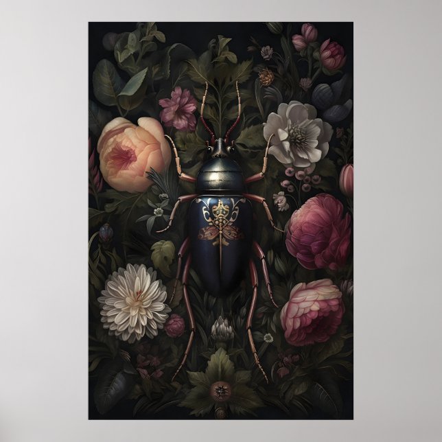 Black Beetle In Dark Flower Garden, Moody Bug Poster (Front)
