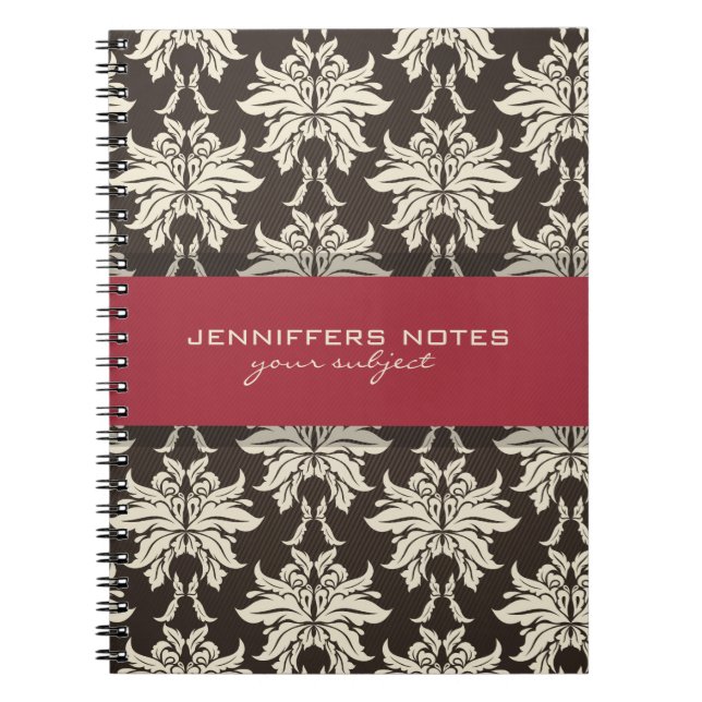 Black Beige And Burgundy Red Floral Damasks Notebook (Front)