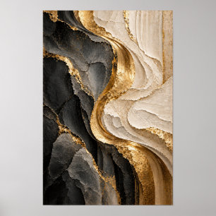 Black Beige and Gold Flowing Abstract Wall Art