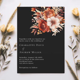 Black beige burnt orange florals wedding invitation