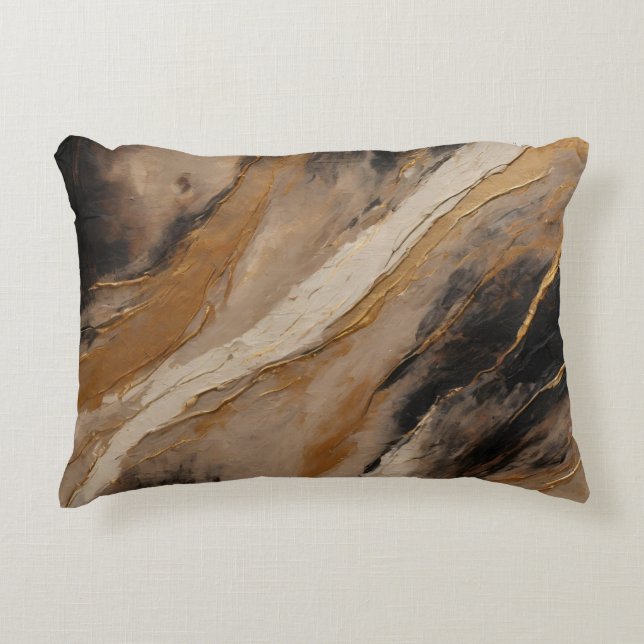 Black Beige Gold Marbled Abstract Decorative Cushion (Front)