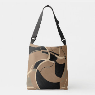 Black Beige Grey on Tan Swirling Art Design Crossbody Bag