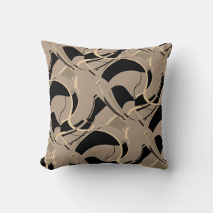 Black Beige Grey on Taupe Diagonal Swirling Design Cushion