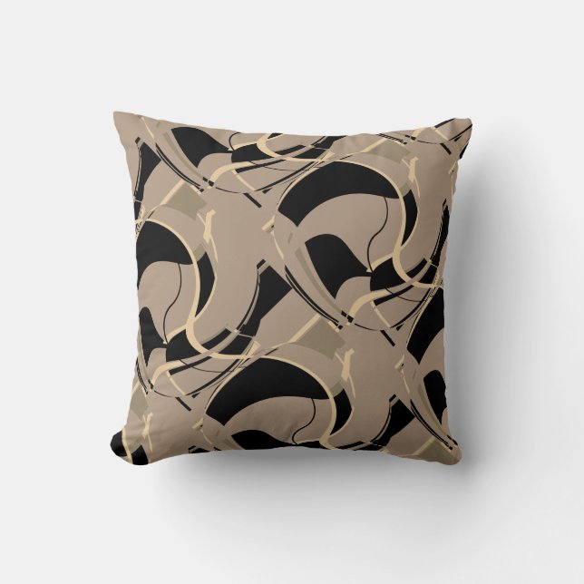 Black Beige Grey on Taupe Diagonal Swirling Design Cushion (Front)