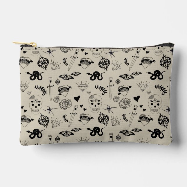 Black & Beige Hand Drawn Tattoo Pattern Accessory Pouch (Front)
