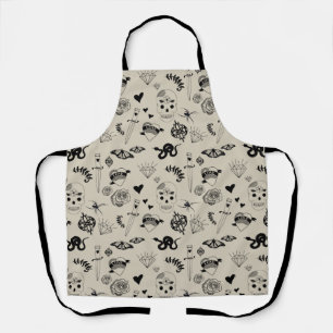 Black & Beige Hand Drawn Tattoo Pattern Apron