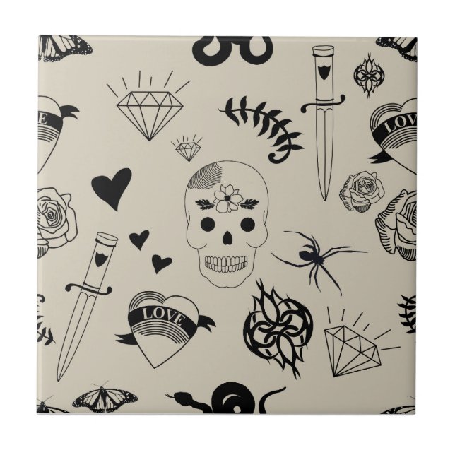 Black & Beige Hand Drawn Tattoo Pattern Ceramic Tile (Front)