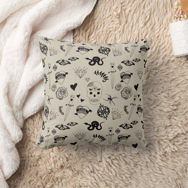 Black & Beige Hand Drawn Tattoo Pattern Cushion (Blanket)