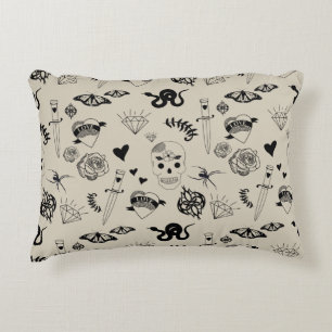 Black & Beige Hand Drawn Tattoo Pattern Decorative Cushion