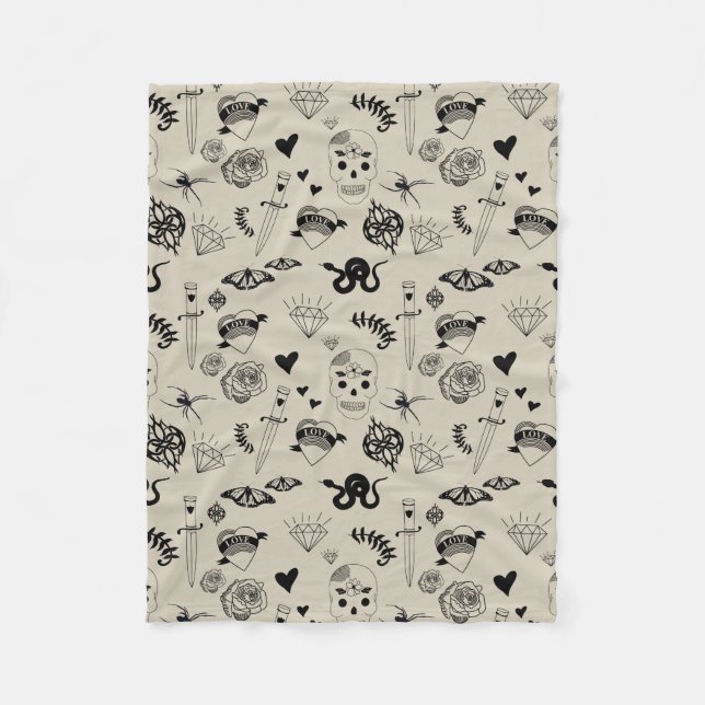 Black & Beige Hand Drawn Tattoo Pattern Fleece Blanket (Front)