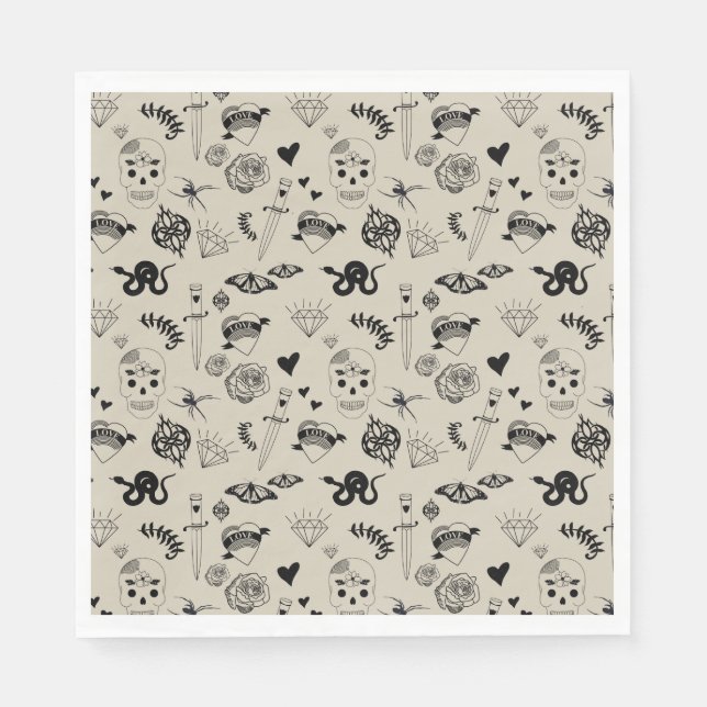 Black & Beige Hand Drawn Tattoo Pattern Napkin (Front)
