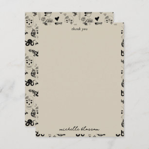 Black & Beige Hand Drawn Tattoo Pattern Thank You Card