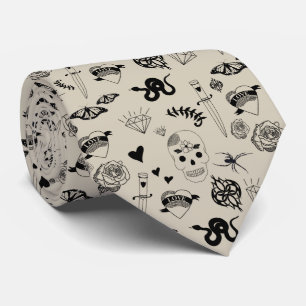Black & Beige Hand Drawn Tattoo Pattern Tie