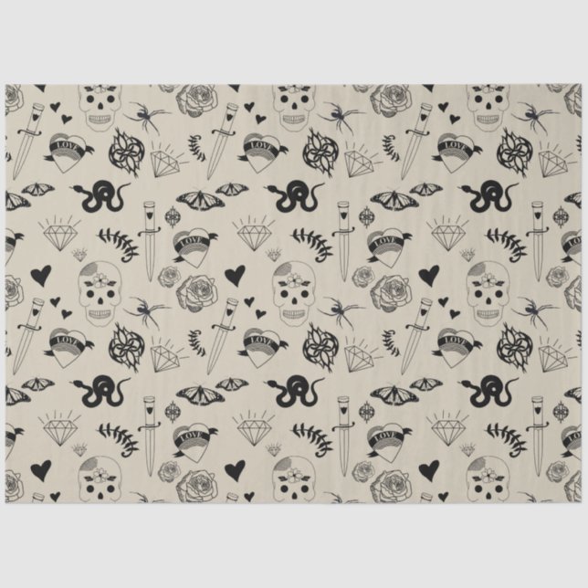 Black & Beige Hand Drawn Tattoo Pattern Tissue Paper (Front)