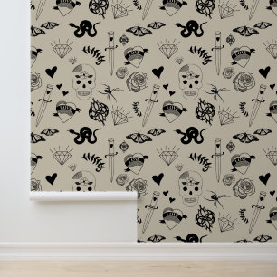 Black & Beige Hand Drawn Tattoo Pattern Wallpaper