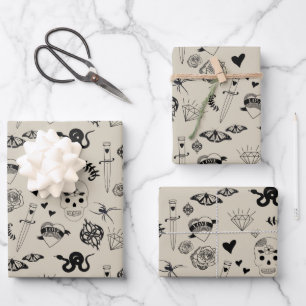Black & Beige Hand Drawn Tattoo Pattern Wrapping Paper Sheet