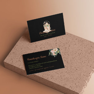 Black Beige Maid Cleaning Service Housekeeping Business Card