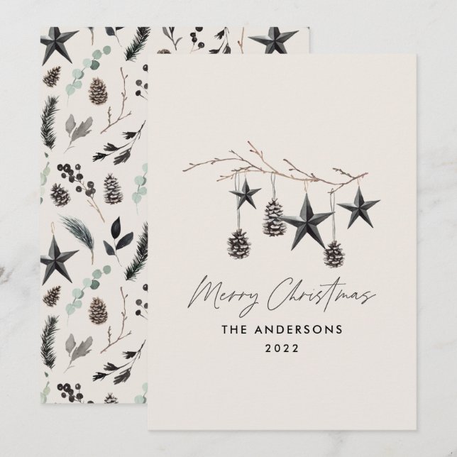 Black beige modern scandi elegant script Christmas Holiday Card (Front/Back)