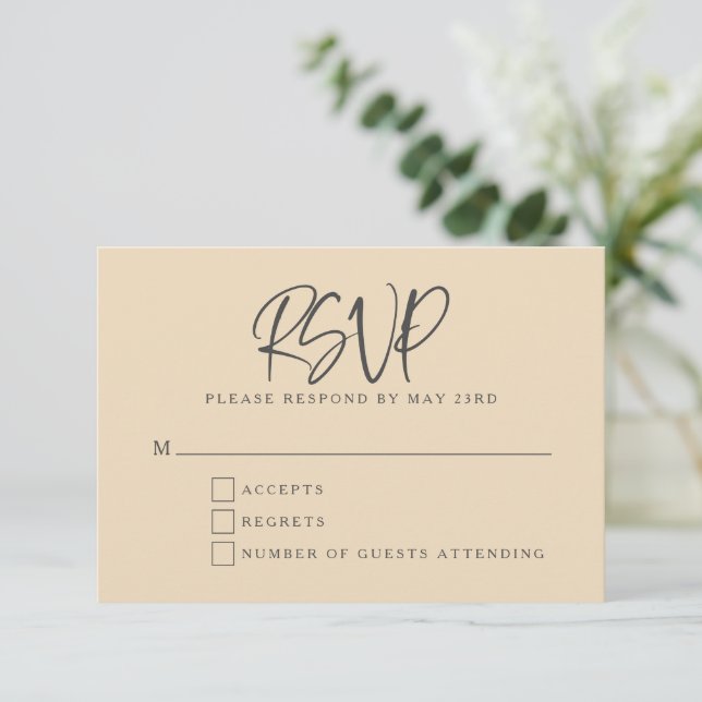 Black Beige Modern Script Lettering Wedding RSVP Card (Standing Front)
