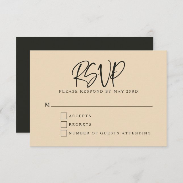 Black Beige Modern Script Lettering Wedding RSVP Card (Front/Back)