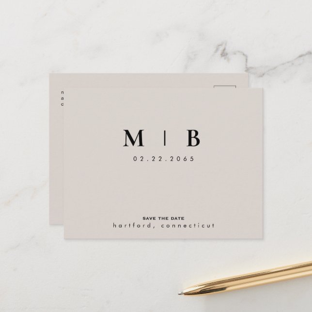 Black & Beige Monogram Wedding Save the Date  Announcement Postcard (Front/Back In Situ)