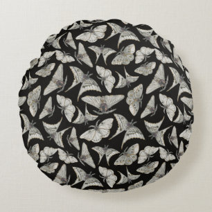Black Beige Moth Butterfly Bugs Pattern  Round Cushion