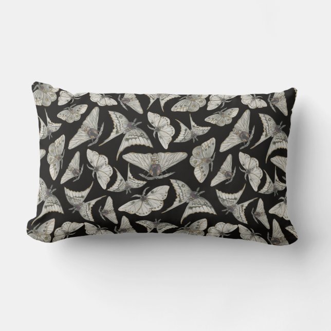 Black Beige Moth Butterfly Pattern  Lumbar Cushion (Front)