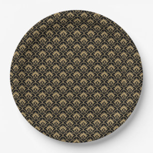 Black beige seamless vintage damask pattern paper plate