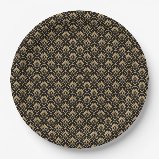 Black beige seamless vintage damask pattern paper plate (Front)