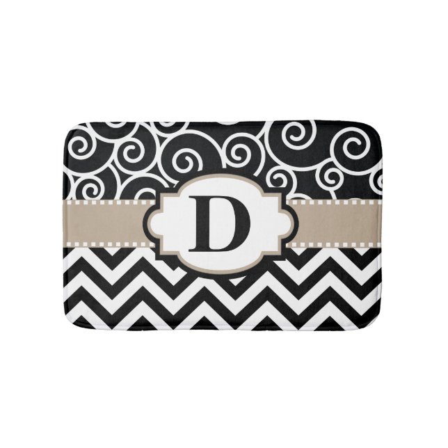 Black Beige Swirls Chevron Bath Mat (Front)