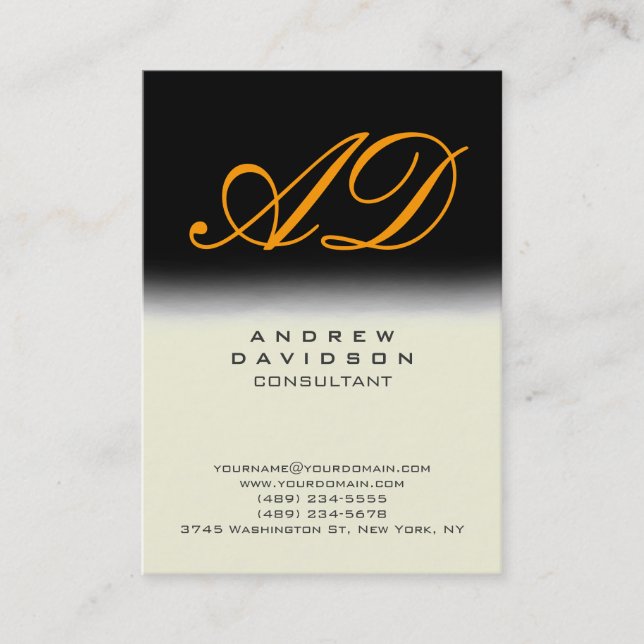 Black Beige Vertical Orange Monogram Business Card (Front)